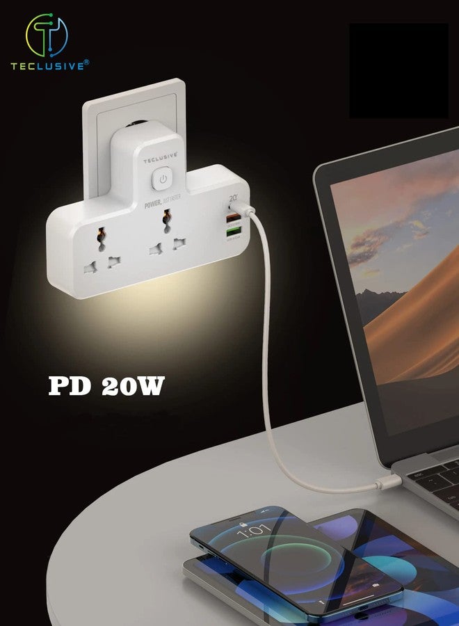 T Teclusive 2500W 10A Extension Power Strip with USB Ports | 2 Power Socket with 20W Type C USB PD QC 3.0 Fast Charging | Multi Port Extension with Touch Night Lamp - Image 3